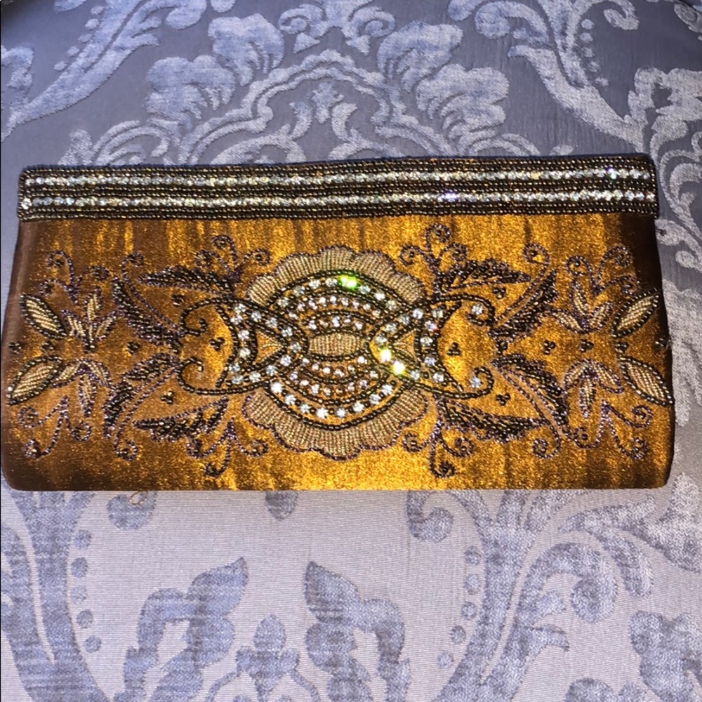 Bronze, brown, gold and rhinestone clutch.